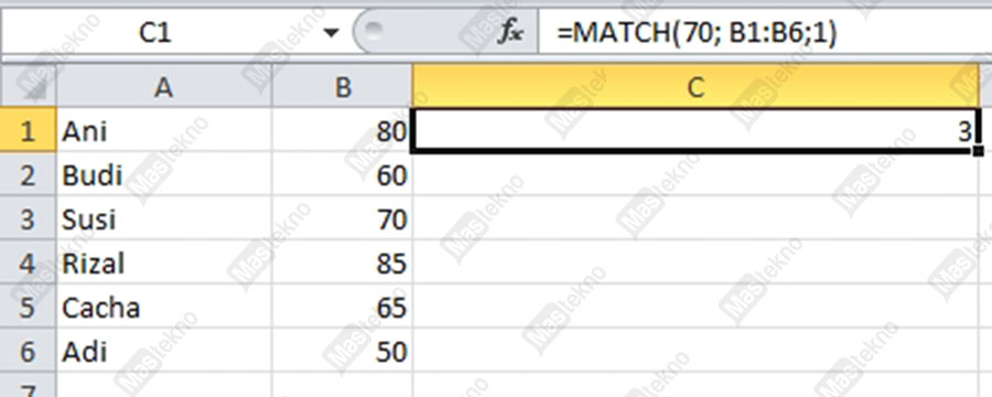 Rumus MATCH Microsoft Excel